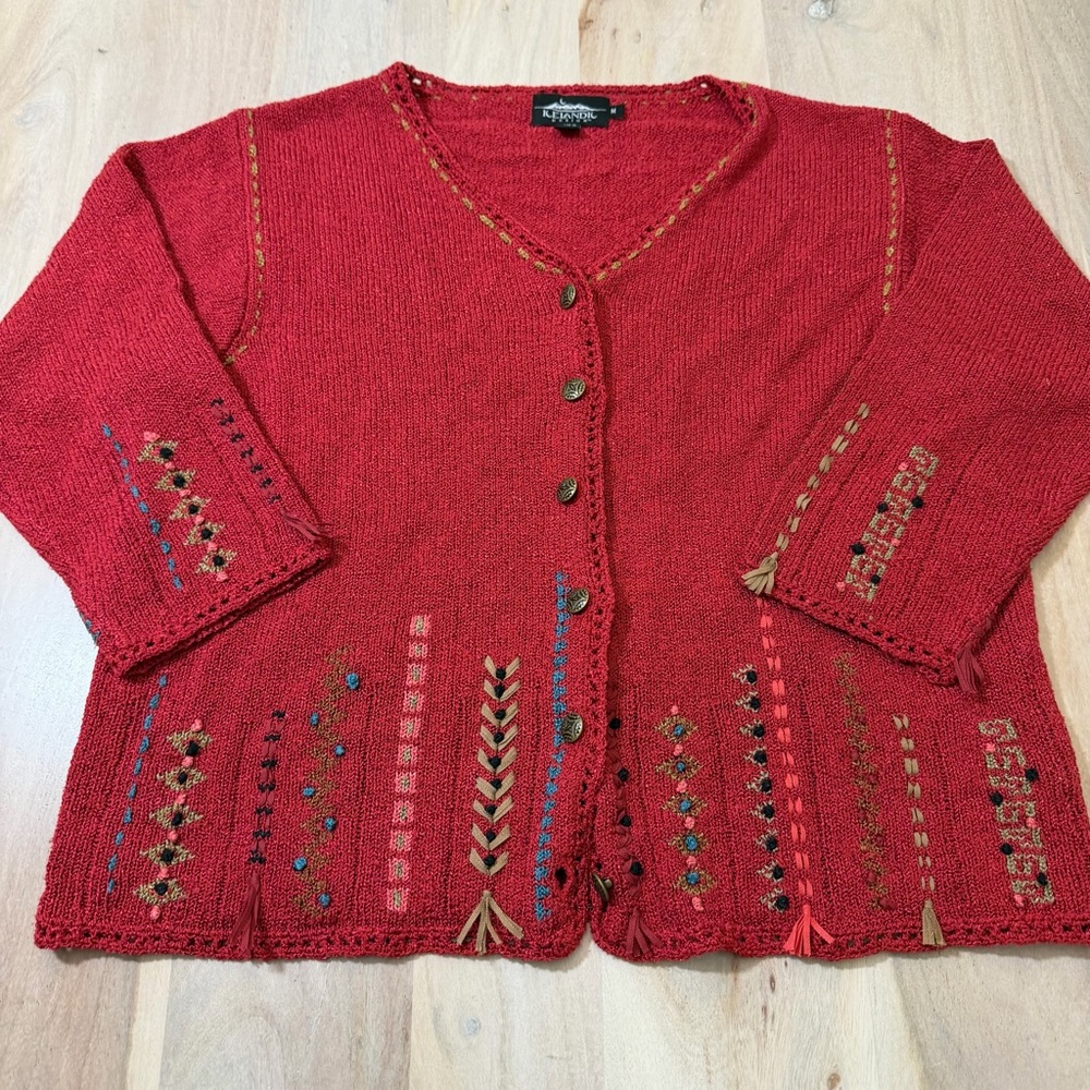 Icelandic Designs Embroidered Button Up Cardigan Silk Rayon Sweater Size Medium